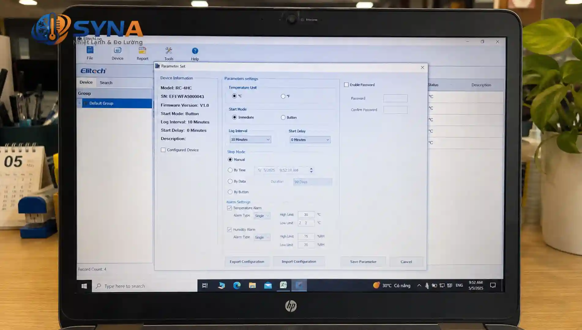 Giao diện cài đặt tham số Parameter Set trên phần mềm ElitechLog