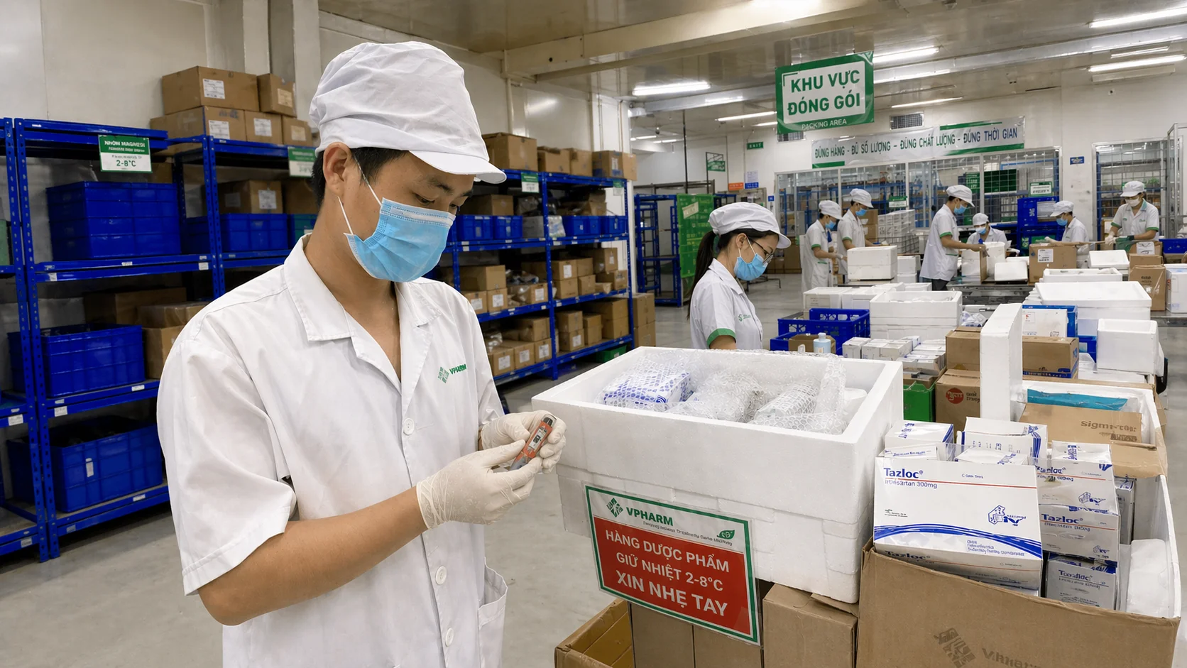 Công nhân đóng kiện hàng dược phẩm và gắn thiết bị ghi nhiệt độ