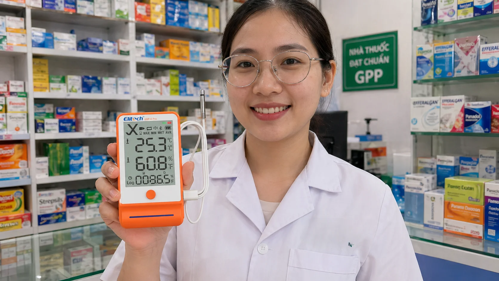 Nhiệt ẩm kế tự ghi Elitech GSP-6 Pro đặt trên quầy thuốc GPP tại Việt Nam