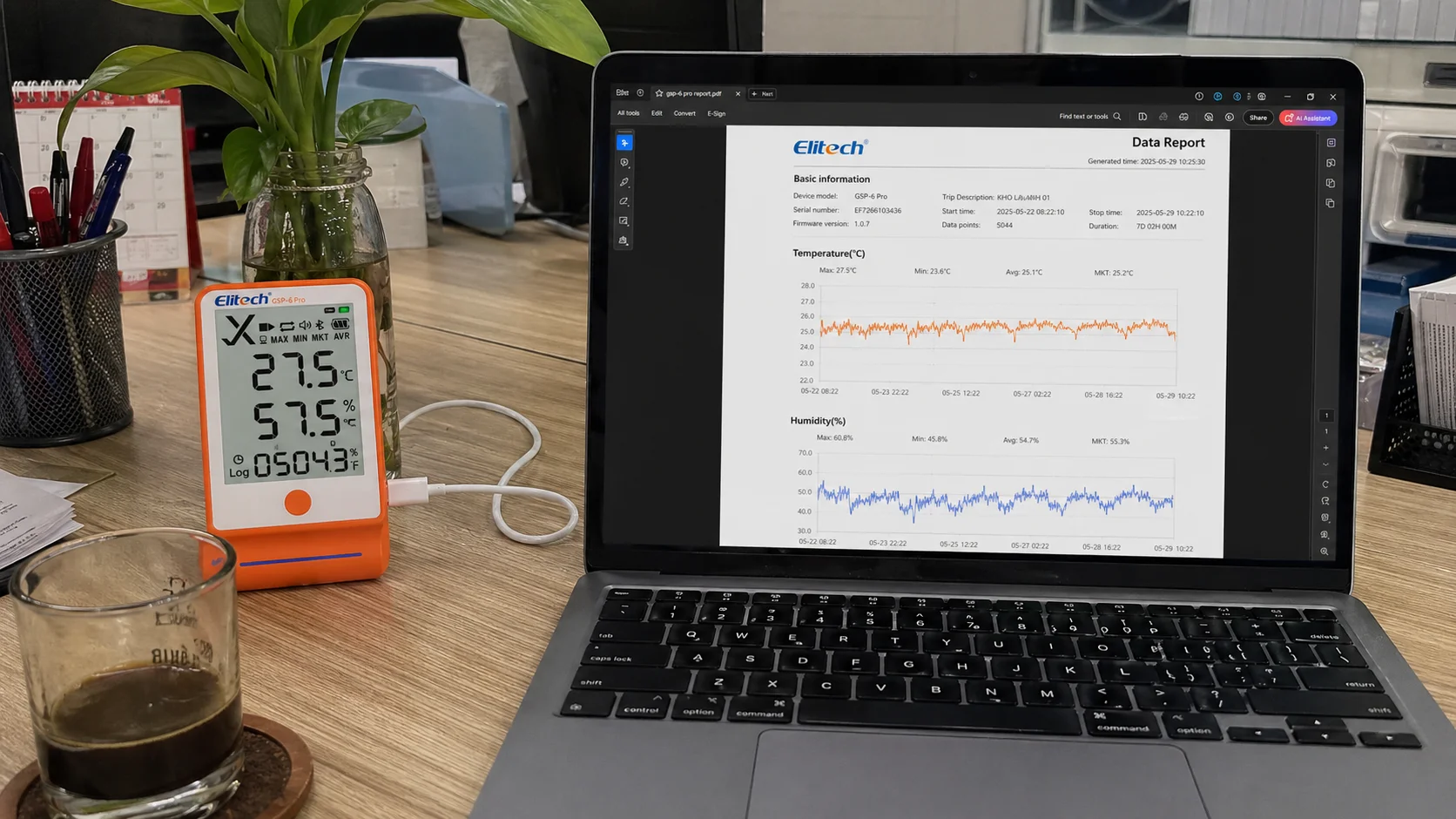Thao tác xuất file PDF báo cáo nhiệt độ độ ẩm từ Elitech GSP-6 Pro trên máy tính