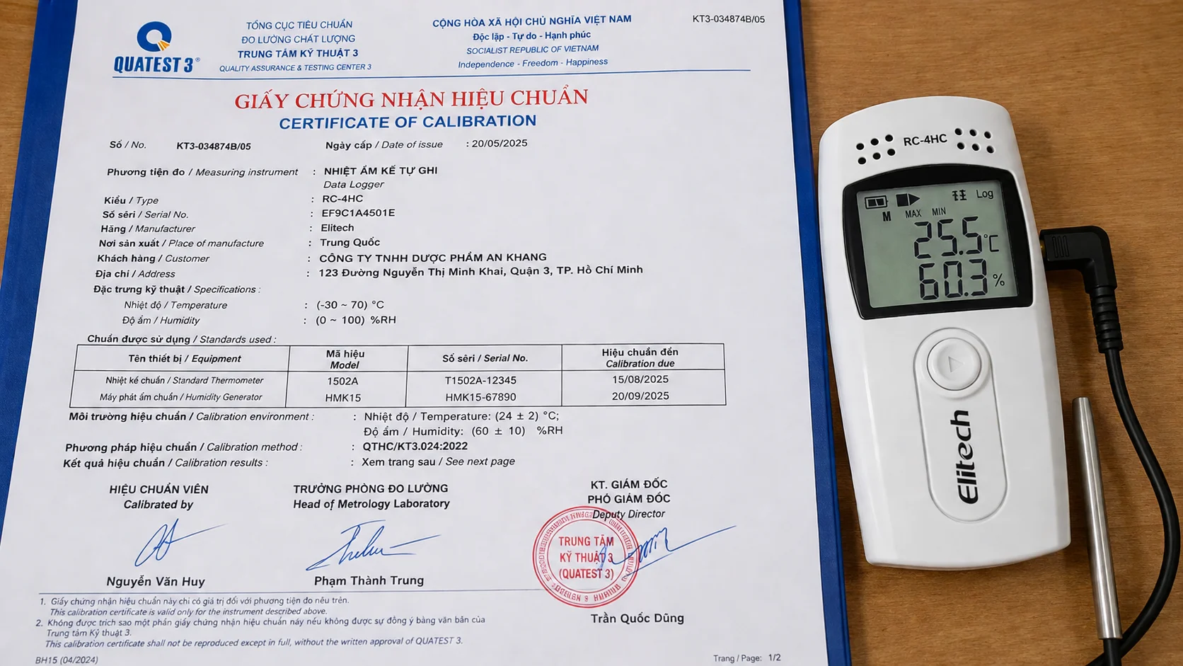 Giấy chứng nhận hiệu chuẩn thiết bị đo nhiệt độ độ ẩm cho nhà thuốc
