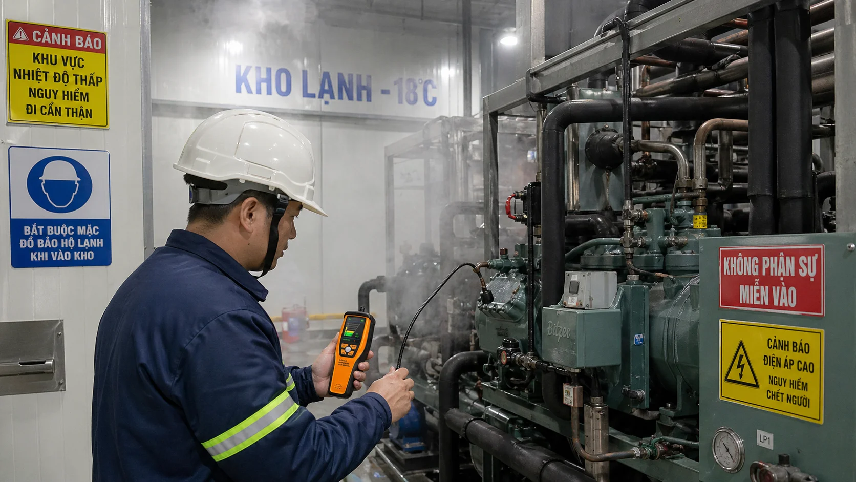 Kỹ thuật viên kiểm tra rò rỉ ga R32 trên cụm máy nén bằng máy dò Elitech