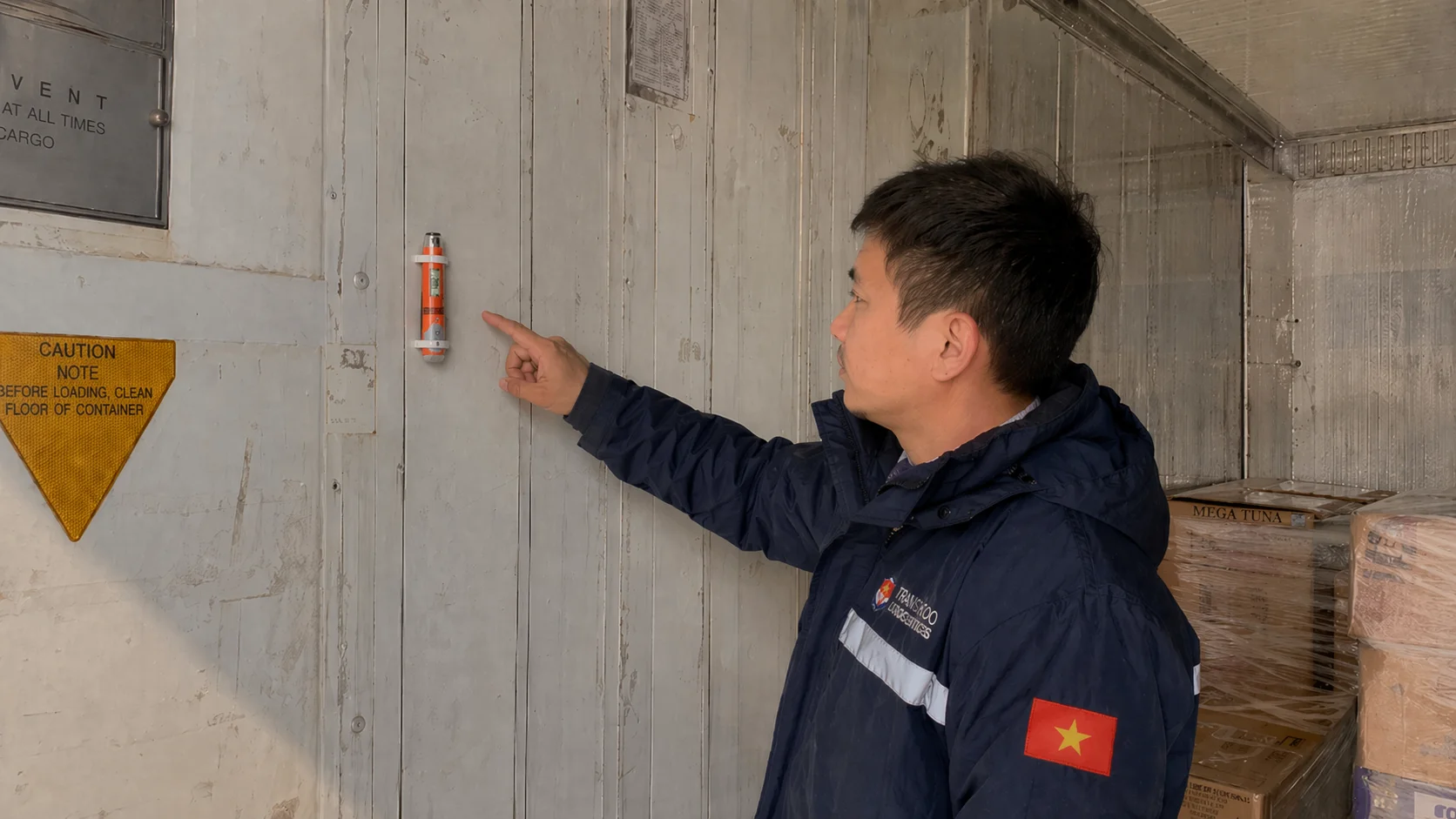 Nhân viên logistics kiểm tra container lạnh xuất khẩu tại cảng