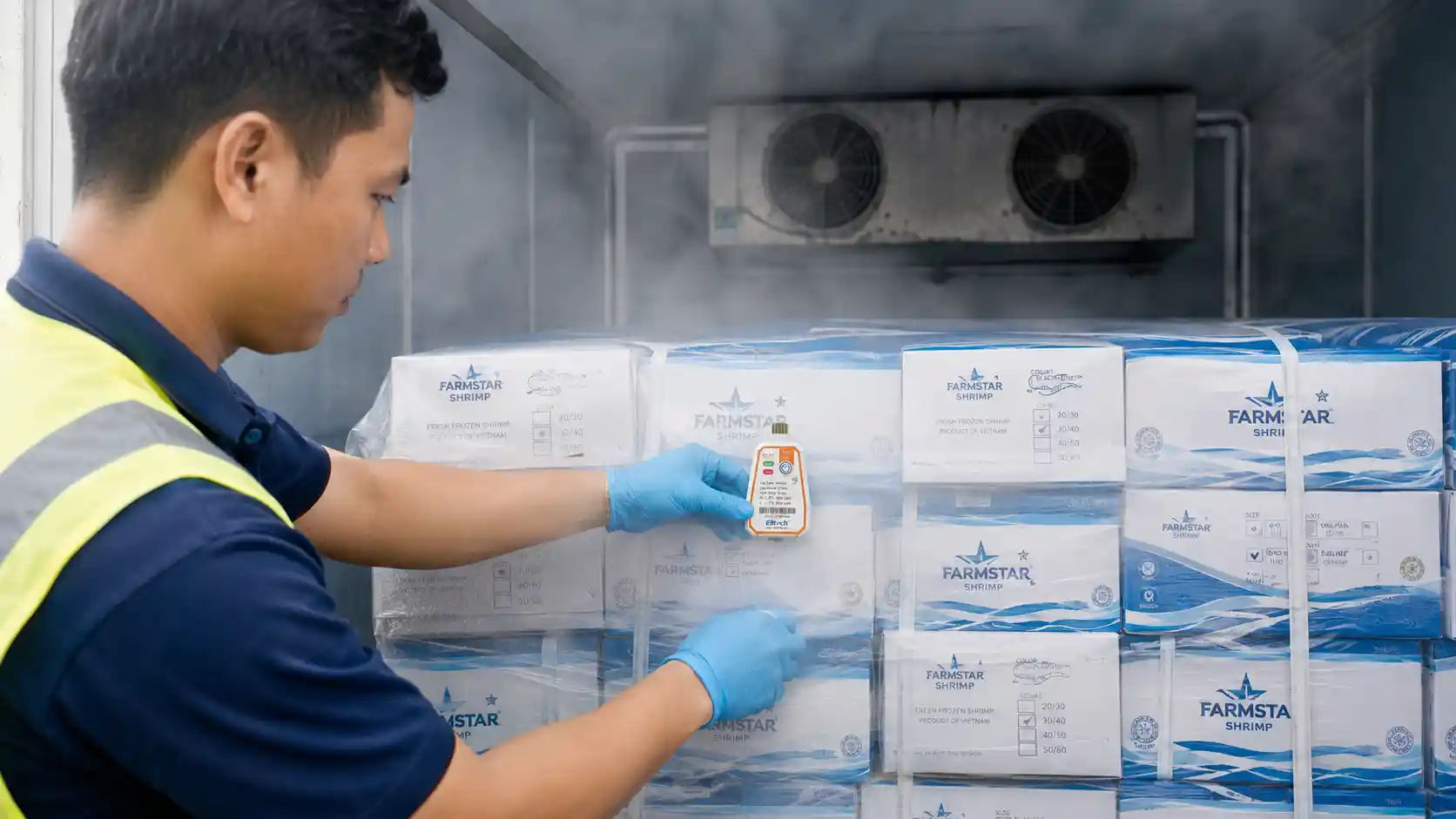 Nhân viên QC đặt thiết bị ghi nhiệt độ vào kiện hàng thanh long xuất khẩu
